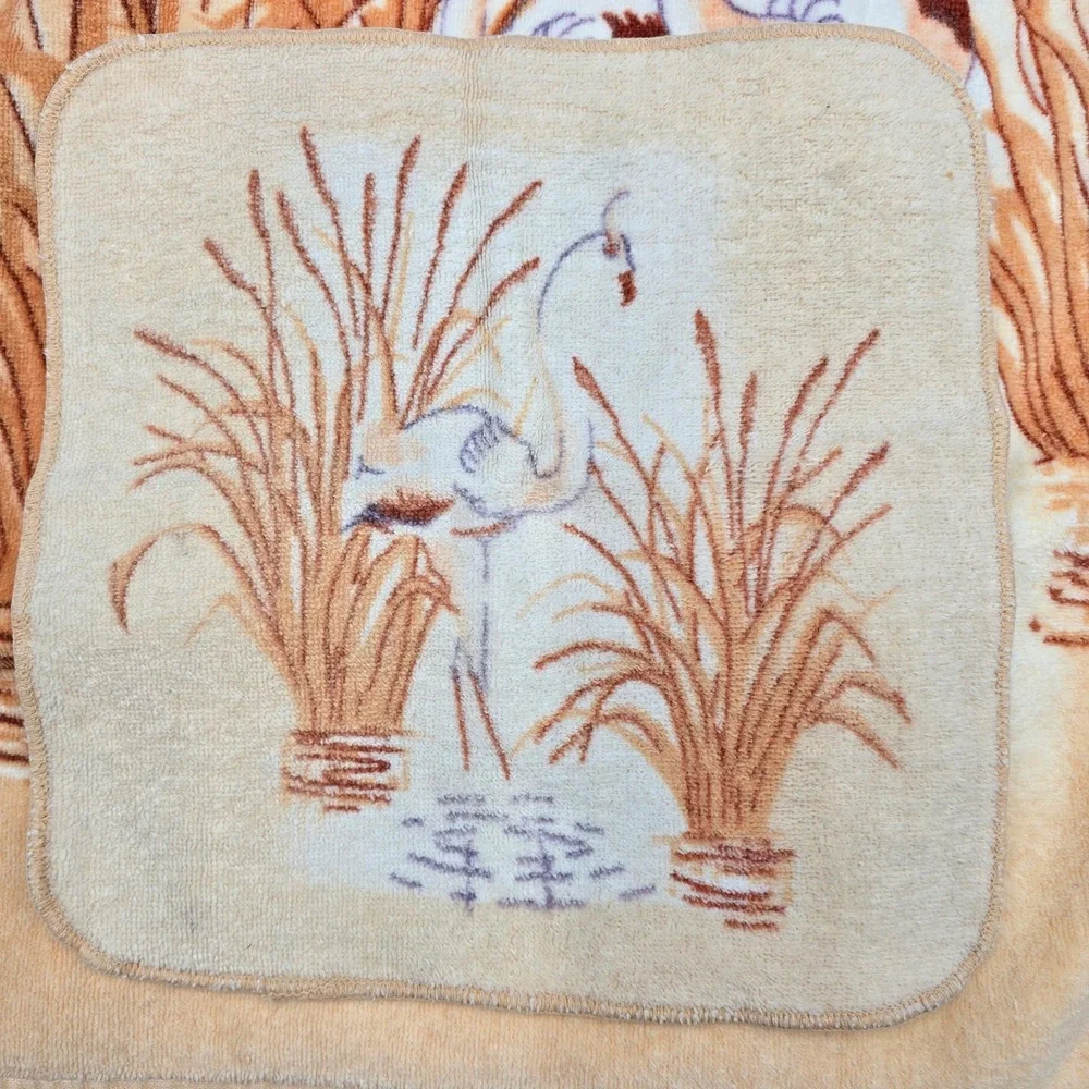 G. Maron Vintage 3pc Velour Towel Set Art Deco Crane 2 Bath Towels Washcloth